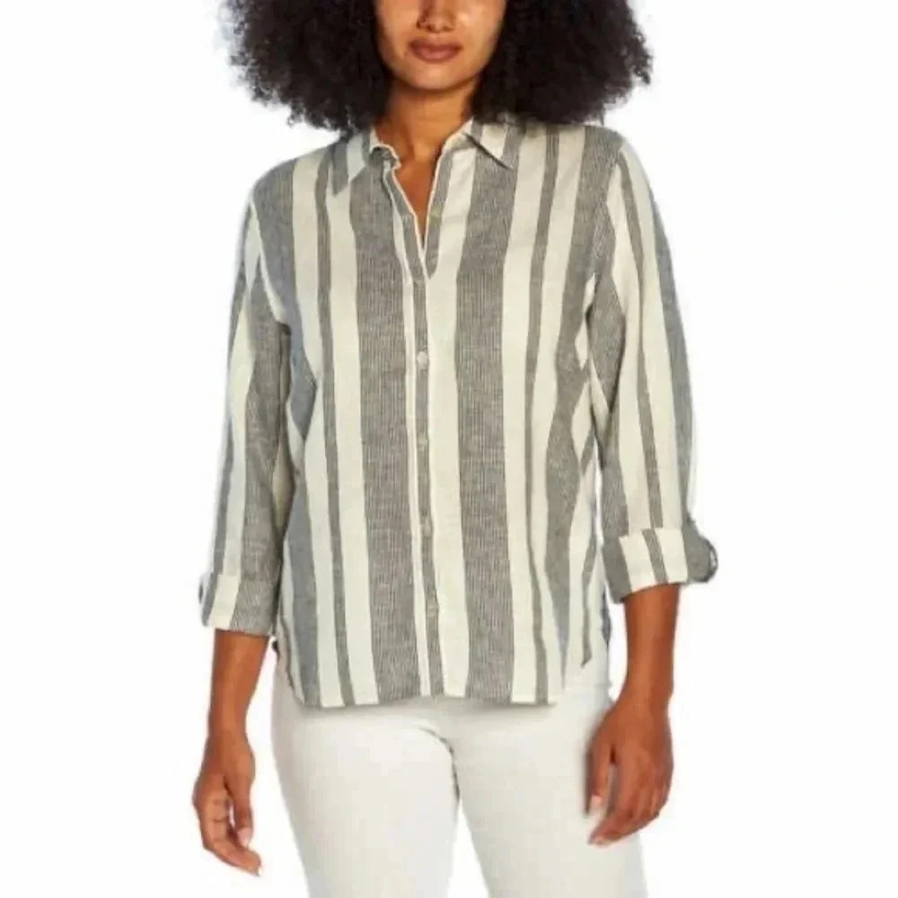 NWT Orvis Women’s Long Sleeve Linen Blend Island Stripe Blouse Size M